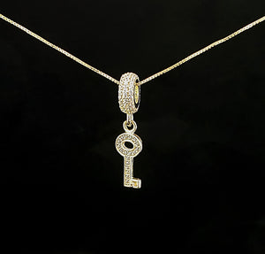 10K Solid Real Yellow Gold Cz Key Pendant Charm with Box Chain