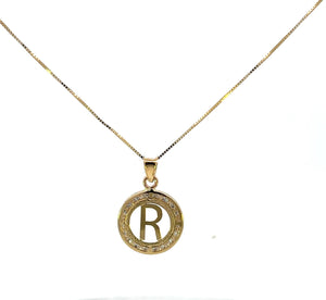 10K Real Gold CZ Round Initial Charm with Box Chain