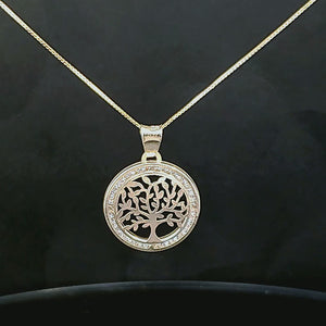 10K Solid Yellow Gold Tree Cz Pendant Charm with Box Chain