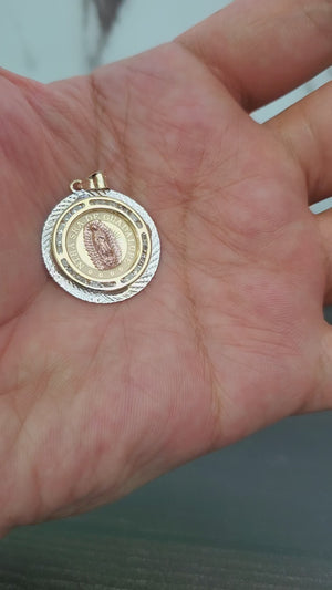 14K Solid Real Rose & Yellow Gold Mother Mary Round Cz Pendant Charm with Box Chain
