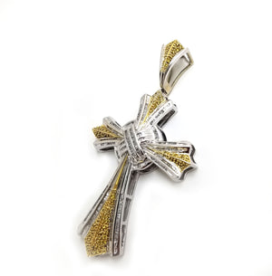 Real 10k White Gold with 3.5 ct Yellow & White Baguette Diamond Cross Pendant