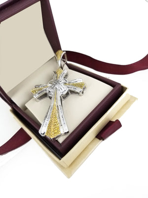 Real 10k White Gold with 3.5 ct Yellow & White Baguette Diamond Cross Pendant