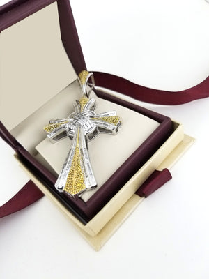 Real 10k White Gold with 3.5 ct Yellow & White Baguette Diamond Cross Pendant