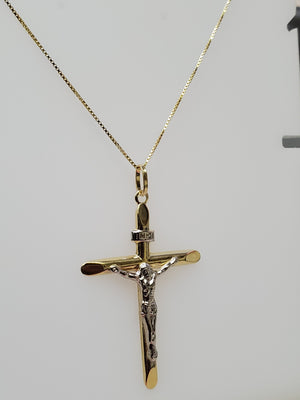 14K Two Tone Half Tube Cross White Jesus Charm