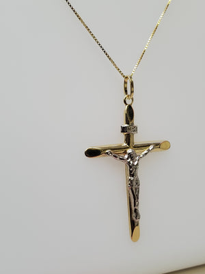 14K Two Tone Half Tube Cross White Jesus Charm