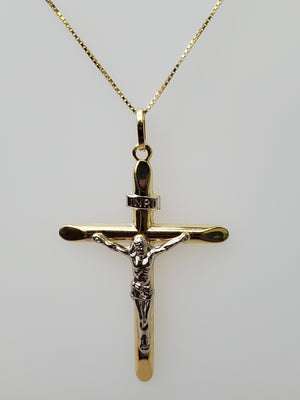 14K Two Tone Half Tube Cross White Jesus Charm