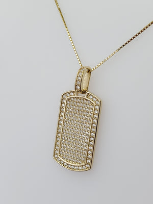 10K Solid Yellow Gold Dog Tag CZ Charm with Box Chain
