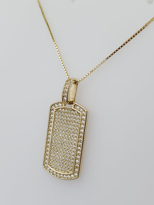 10K Solid Yellow Gold Dog Tag CZ Charm with Box Chain
