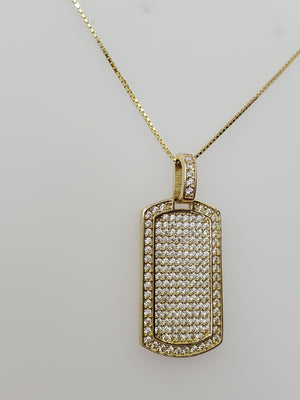 10K Solid Yellow Gold Dog Tag CZ Charm with Box Chain