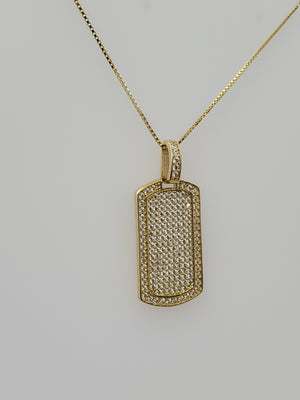 10K Solid Yellow Gold Dog Tag CZ Charm with Box Chain