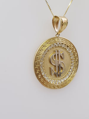10K Gold Greek Round Dollar Sign CZ Charm