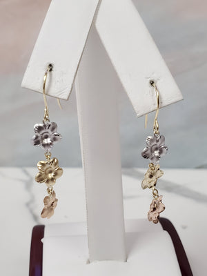 10K Trio Gold Hawaiian Flowers Dangle Earrings