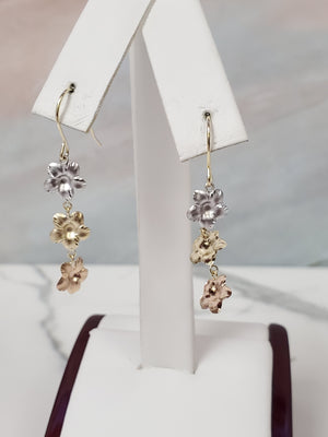 10K Trio Gold Hawaiian Flowers Dangle Earrings