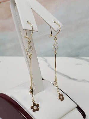 14K Trio Color Flower Dangle Earrings