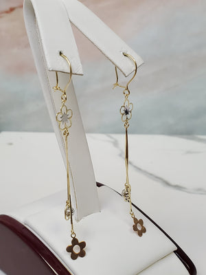 14K Trio Color Flower Dangle Earrings
