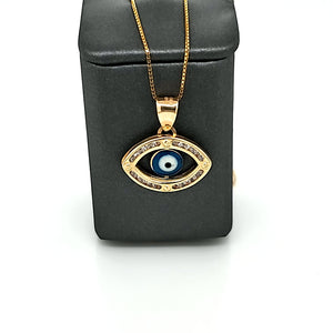 14K Solid Real Yellow Gold Cz Evil Eye Pendant Charm with Box Chain