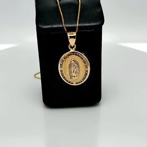 14K Solid Real Two Tone Yellow & White Oval Cz Mother Mary Pendant Charm with Box Chain