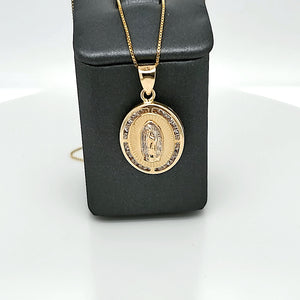 14K Solid Real Two Tone Yellow & White Oval Cz Mother Mary Pendant Charm with Box Chain