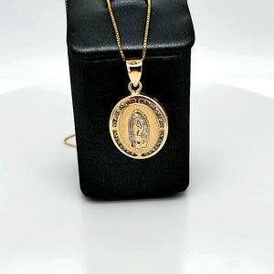 14K Solid Real Two Tone Yellow & White Oval Cz Mother Mary Pendant Charm with Box Chain