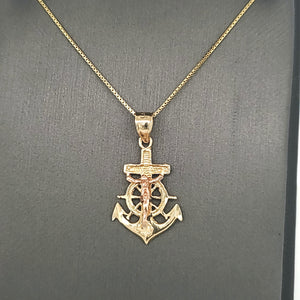 14K Solid Real Trio Color Yellow, White & Rose Gold Anchor White Jesus Pendant Charm with Box Chain