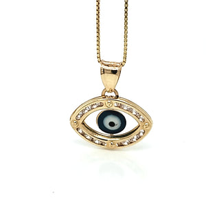 14K Solid Real Yellow Gold Cz Evil Eye Pendant Charm with Box Chain