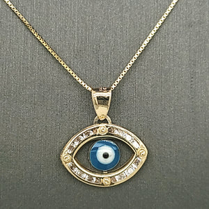 14K Solid Real Yellow Gold Cz Evil Eye Pendant Charm with Box Chain