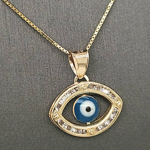 14K Solid Real Yellow Gold Cz Evil Eye Pendant Charm with Box Chain