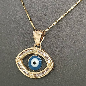 14K Solid Real Yellow Gold Cz Evil Eye Pendant Charm with Box Chain