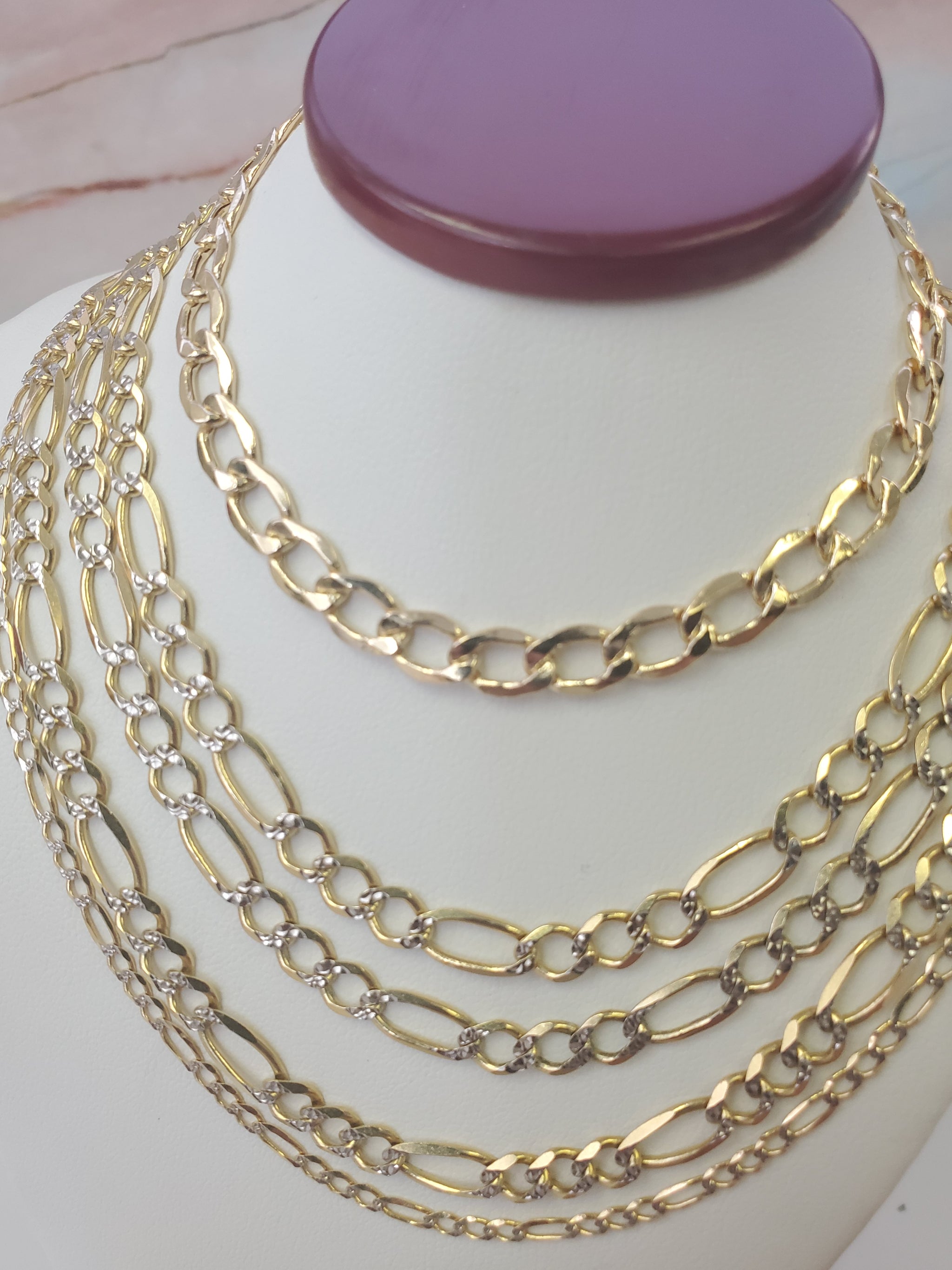 Real 10K Two Tone Yellow & White Gold Hollow Figaro Chain Necklace