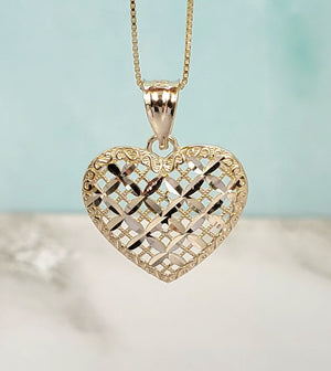 10K Solid Two Tone Yellow & White Gold Heart Charm With Box Chain