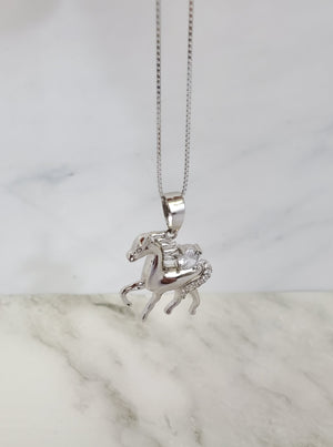 925 Sterling Silver (Made in Italy) Cz Horse Charm Game with Box Chain