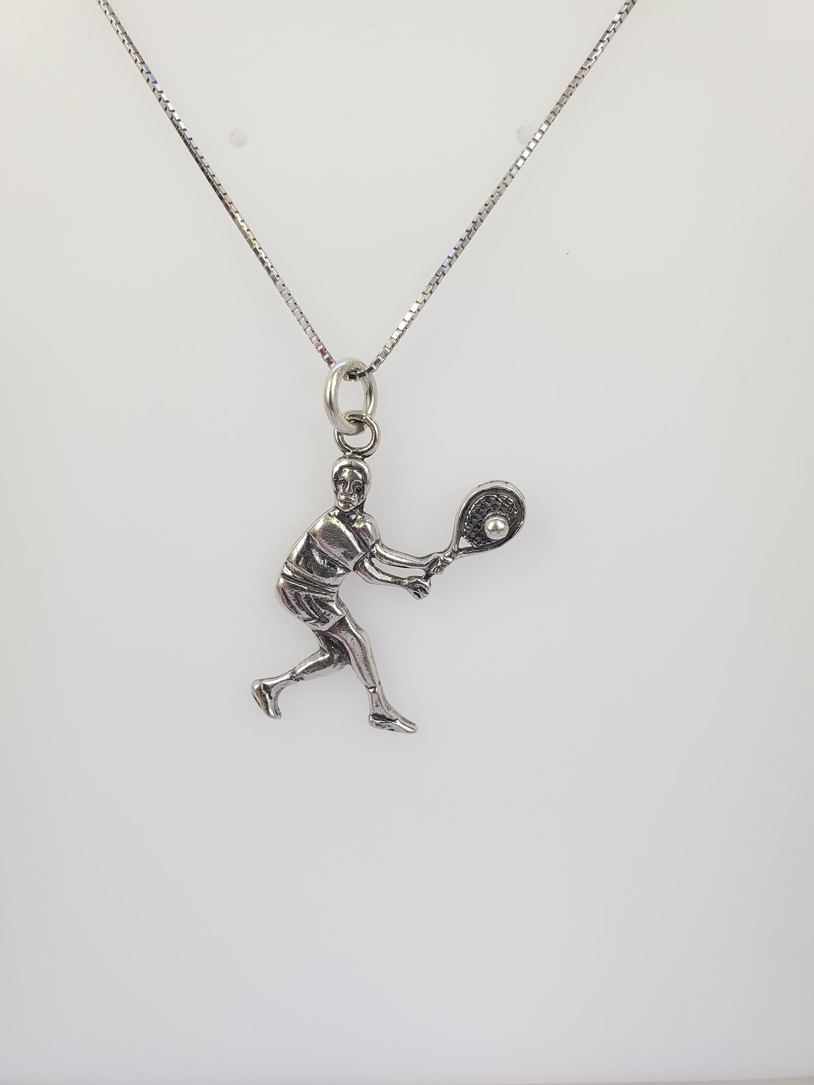 925 Sterling Silver (Made in Italy) Tennis Player Game Charm with Box Chain 18"