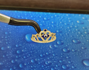 14K Solid Yellow Gold Crown Cz Evil Eye Ring