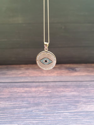 14K Solid Real Yellow Gold Evil Eye Round Cz Pendant Charm with Box Chain