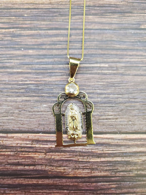 14K Solid Real Two Tone Mother Marry CZ Pendant Charm with Box Chain