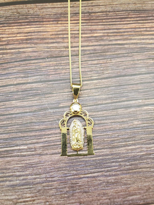14K Solid Real Two Tone Mother Marry CZ Pendant Charm with Box Chain