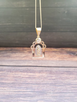 14K Solid Real Two Tone Mother Marry CZ Pendant Charm with Box Chain