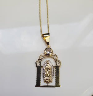 14K Solid Real Two Tone Mother Marry CZ Pendant Charm with Box Chain
