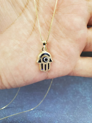 14K Solid Real Yellow Gold Evil Eye Hamsa Pendant Charm with Box Chain