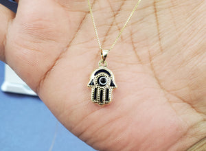 14K Solid Real Yellow Gold Evil Eye Hamsa Pendant Charm with Box Chain
