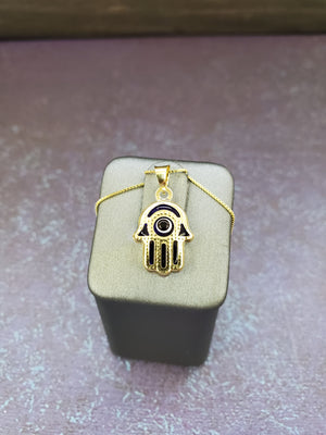 14K Solid Real Yellow Gold Evil Eye Hamsa Pendant Charm with Box Chain