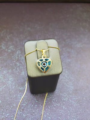 14K Solid Yellow Gold Red & Blue Heart Evil Eye Charm with Box Chain