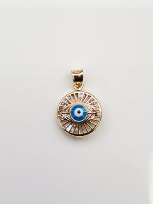14K Solid Real Yellow Gold Blue Evil Eye Round Cz Inside Charm with Box Chain