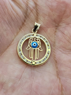 14K Solid Real Yellow Gold Evil Eye in Hamsa Round Cz Pendant Charm with Box Chain