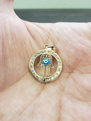 14K Solid Real Yellow Gold Evil Eye in Hamsa Round Cz Pendant Charm with Box Chain