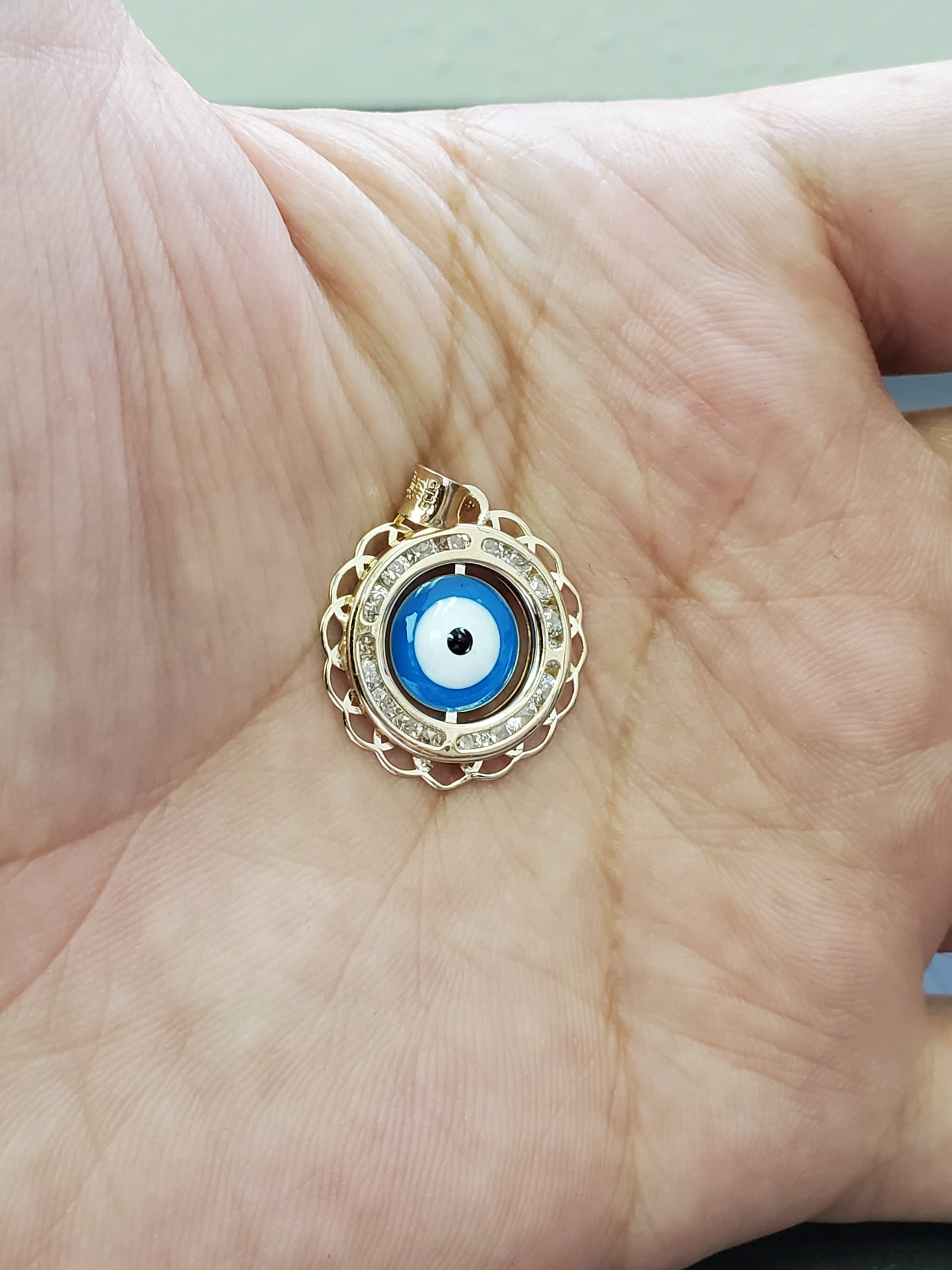 14K Solid Real Yellow Gold Blue Evil Eye Round CZ Pendant Charm with Box Chain