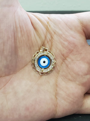 14K Solid Real Yellow Gold Blue Evil Eye Round CZ Pendant Charm with Box Chain