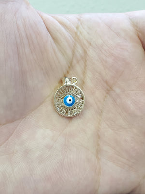14K Solid Real Yellow Gold Blue Evil Eye Round Cz Inside Charm with Box Chain