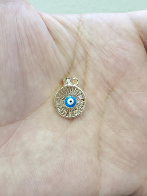 14K Solid Real Yellow Gold Blue Evil Eye Round Cz Inside Pendant Charm with Box Chain