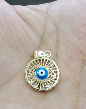 14K Solid Real Yellow Gold Blue Evil Eye Round Cz Inside Charm with Box Chain